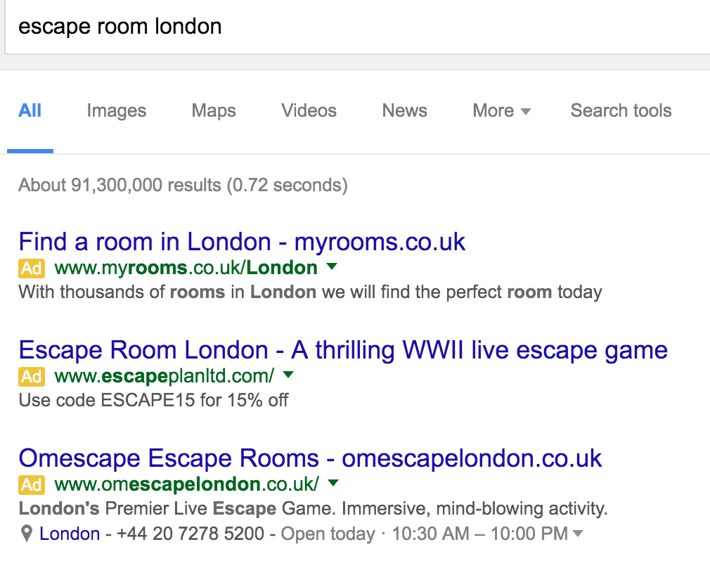 Escape Room Google ads